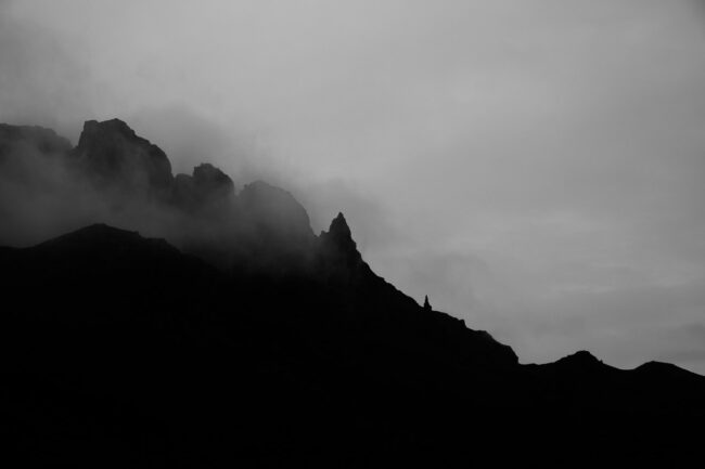 fine art landscape photography print - silhouette of Old Man of Storr in Skye in the mist