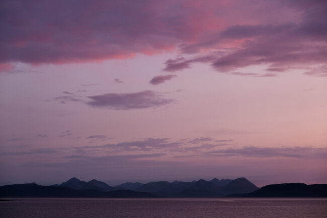 fine art seascape photography print - view of Skye from Applecross at sunset in pink