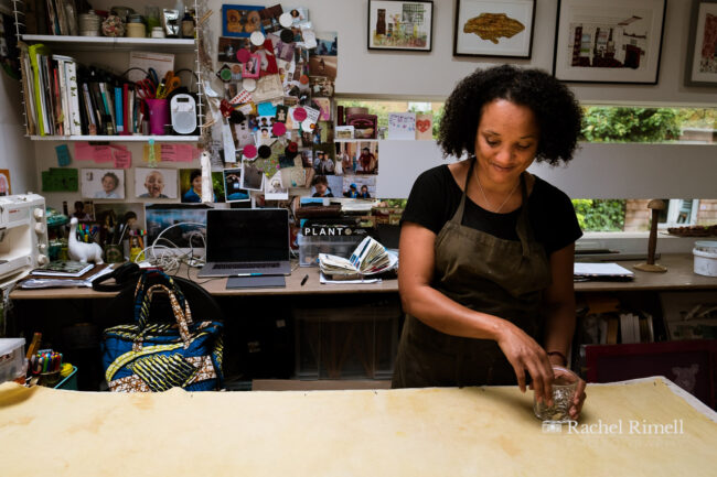 textile artist in her studio environmental personal branding portrait