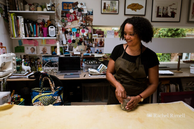 environmental portrait of textile artist Emma Walker in her studio