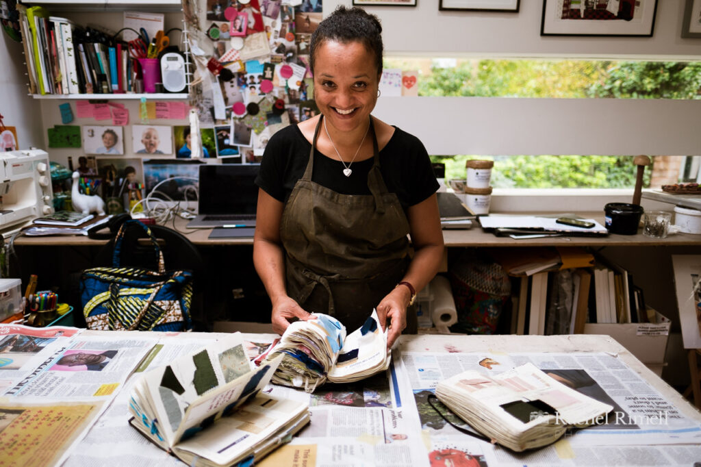 Textile artist in her studio in Crystal Palace London environmental portrait