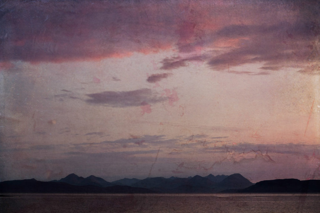 image of Skye from Applecross at sunset with pink sky and island in shadow, overlaid with textures