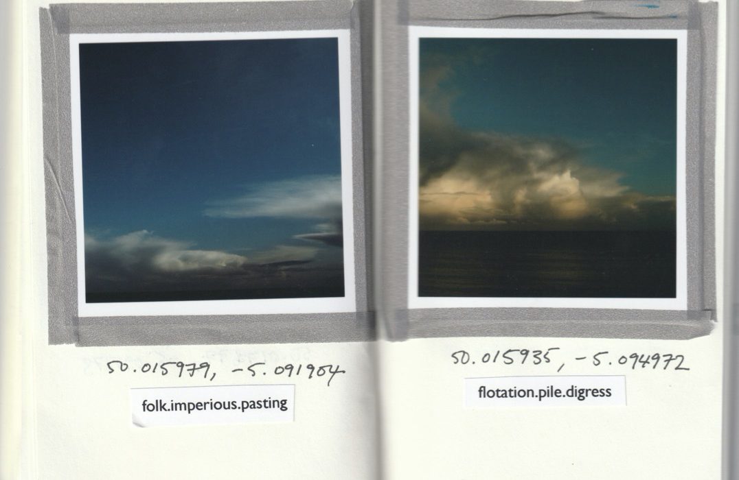 image taken from photo art book of two seascapes by Yorkshire photographic artist Rachel Rimell. Images include the coordinates where the images were taken and the What Three Words [inpoint location.